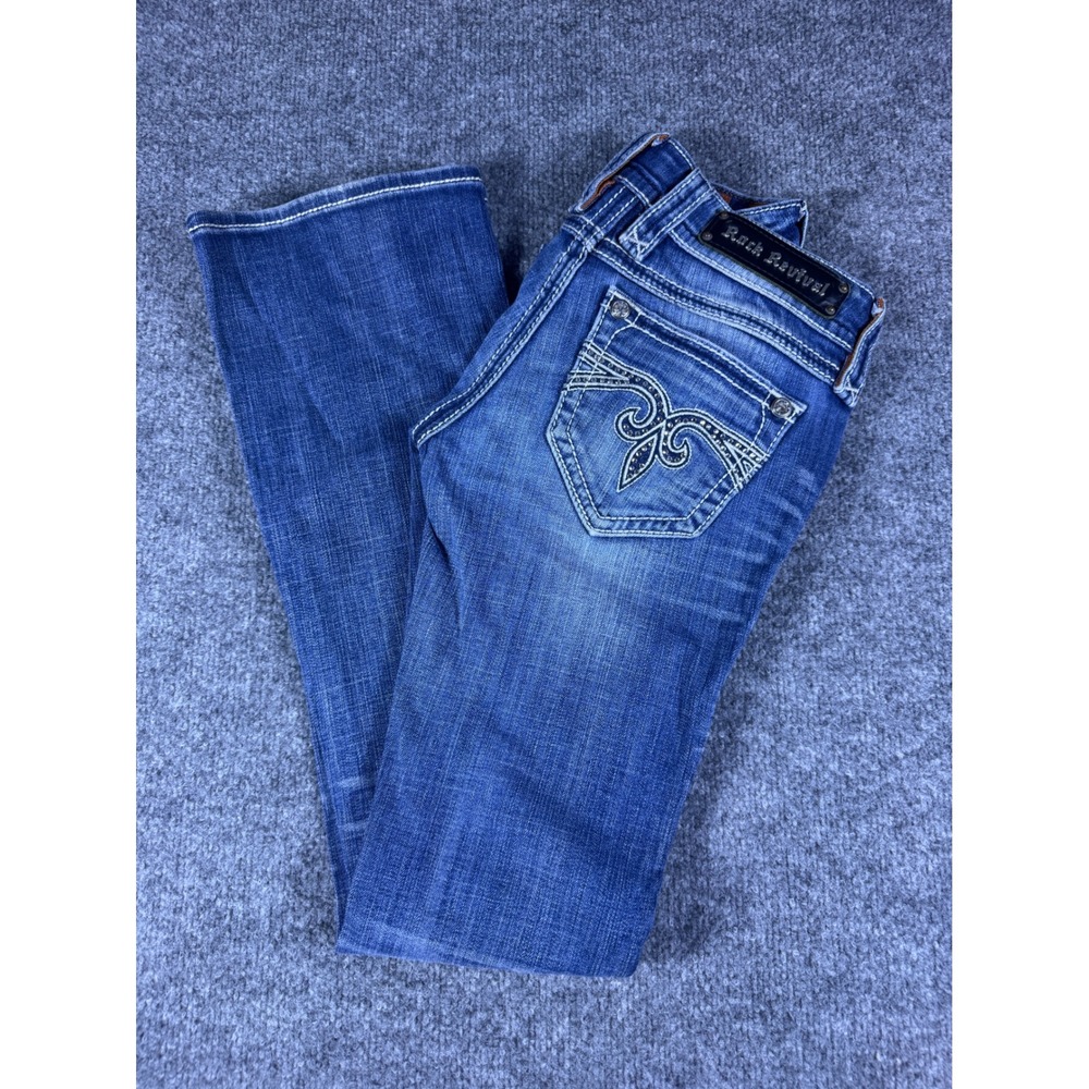 Rock Revival Blake Bootcut Jeans Blue Denim Rhinestone Fleur De Lis Size 25